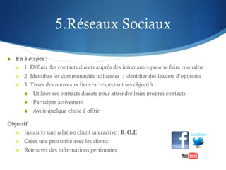 5.Réseaux Sociaux

S  En 3 étapes :
   S  1. Définir des contacts directs auprès des internautes pour se faire connaître
   S  2. Identifier les communautés influentes : identifier des leaders d’opinions
   S  3. Tisser des nouveaux liens en respectant ses objectifs :
       S  Utiliser ses contacts directs pour atteindre leurs propres contacts
       S  Participer activement
       S  Avoir quelque chose à offrir

Objectif :
   S  Instaurer une relation client interactive : R.O.E
   S  Créer une proximité avec les clients
   S  Retrouver des informations pertinentes
 