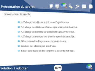 Présentation du projet

 Besoins fonctionnels:

              Affichage des clients actifs dans l’application
              Affichage des tâches exécutées par chaque utilisateur .
              Affichage du nombre de documents envoyés/reçus.
              Affichage du nombre des dossier terminés/annulés.
              Génération des diagrammes de statistiques .
              Gestion des alertes par mail/sms.
              Envoi automatique des rapports d’activité par mail.




Solution à adopter                             10/26
 