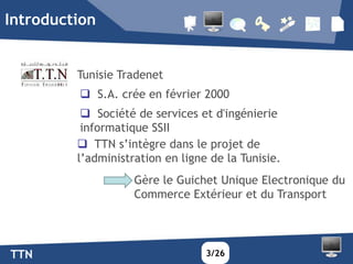 Introduction


         Tunisie Tradenet
          S.A. crée en février 2000
           Société de services et d'ingénierie
          informatique SSII
          TTN s’intègre dans le projet de
         l’administration en ligne de la Tunisie.
                    Gère le Guichet Unique Electronique du
                    Commerce Extérieur et du Transport




TTN                               3/26
 