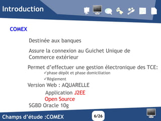 Introduction

  COMEX

          Destinée aux banques
          Assure la connexion au Guichet Unique de
          Commerce extérieur
          Permet d’effectuer une gestion électronique des TCE:
                phase dépôt et phase domiciliation
                Règlement
          Version Web : AQUARELLE
                 Application J2EE
                 Open Source
          SGBD Oracle 10g

Champs d’étude :COMEX                     6/26
 