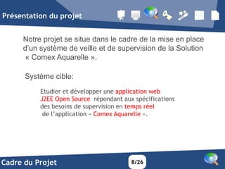 Présentation du projet


     Notre projet se situe dans le cadre de la mise en place
     d’un système de veille et de supervision de la Solution
      « Comex Aquarelle ».

      Système cible:
          Etudier et développer une application web
          J2EE Open Source répondant aux spécifications
          des besoins de supervision en temps réel
           de l’application « Comex Aquarelle ».




Cadre du Projet                         8/26
 