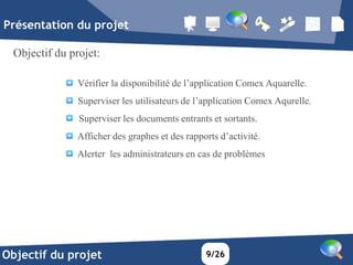 Présentation du projet

  Objectif du projet:

                Vérifier la disponibilité de l’application Comex Aquarelle.
                Superviser les utilisateurs de l’application Comex Aqurelle.
                Superviser les documents entrants et sortants.
                Afficher des graphes et des rapports d’activité.
                Alerter les administrateurs en cas de problèmes




Objectif du projet                               9/26
 