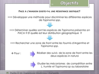 ==> Déterminer quelles sont les espèces de Tapinoma présentes en
PACA ? Et quelle est leur distribution géographique ?
Réaliser des suivis de la zone de front entre les
deux espèces in natura
Etudier les mécanismes de compétition entre
L. humile et Tapinoma sp au laboratoire
==> Rechercher une zone de front entre les fourmis d'Argentine et
Tapinoma spp.
FACE À L’INVASION EXISTE-T-IL UNE RÉSISTANCE BIOTIQUE?
==> Développer une méthode pour discriminer les différentes espèces
de Tapinoma spp.
25
 Pour :
 