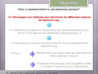 ==> Déterminer quelles sont les espèces de Tapinoma présentes en
PACA ? Et quelle est leur distribution géographique ?
Réaliser des suivis de la zone de front entre les
deux espèces in natura
Etudier les mécanismes de compétition entre
L. humile et Tapinoma sp au laboratoire
==> Rechercher une zone de front entre les fourmis d'Argentine et
Tapinoma spp.
FACE À L’INVASION EXISTE-T-IL UNE RÉSISTANCE BIOTIQUE?
==> Développer une méthode pour discriminer les différentes espèces
de Tapinoma spp.
26
 Pour :
 