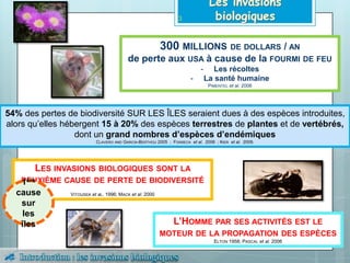 LES INVASIONS BIOLOGIQUES SONT LA
DEUXIÈME CAUSE DE PERTE DE BIODIVERSITÉ
VITOUSEK et aL. 1996; MACK et al. 2000
1ère
cause
sur
les
îles
3
300 MILLIONS DE DOLLARS / AN
de perte aux USA à cause de la FOURMI DE FEU
- Les récoltes
- La santé humaine
PIMENTEL et al. 2006
54% des pertes de biodiversité SUR LES ÎLES seraient dues à des espèces introduites,
alors qu’elles hébergent 15 à 20% des espèces terrestres de plantes et de vertébrés,
dont un grand nombres d’espèces d’endémiques
CLAVERO AND GARCIA-BERTHOU 2005 ; FONSECA et al. 2006 ; KIER et al. 2009.
L’HOMME PAR SES ACTIVITÉS EST LE
MOTEUR DE LA PROPAGATION DES ESPÈCES
ELTON 1958; PASCAL et al. 2006
 