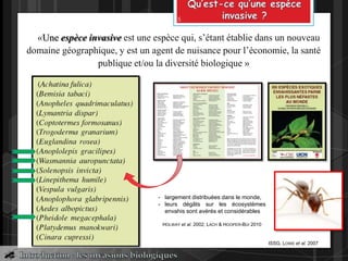 «Une espèce invasive est une espèce qui, s’étant établie dans un nouveau
domaine géographique, y est un agent de nuisance pour l’économie, la santé
publique et/ou la diversité biologique »
ISSG, LOWE et al. 2007
- largement distribuées dans le monde,
- leurs dégâts sur les écosystèmes
envahis sont avérés et considérables
HOLWAY et al. 2002; LACH & HOOPER-BÙI 2010
5
 