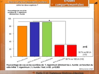 Résultats :
Pourcentage de cas où les ouvrières de T. nigerrimum éliminent les L. humile en fonction du
ratio initial T. nigerrimum / L. humile. t test, n=50 . p<0,003
BERVILLE et al, IN PREP
57
50 Tn vs 100 Lh (1/2)
0
20
40
60
80
100
*
Pourcentage de cas où les
ouvrières de T. nigerrimum
éliminent les L. humile
30 Tn vs 90 Lh
(1/3)
57
n=5
 