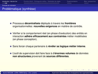 6

Introduction / état de l’art

Formel et Archi. / Echange de notiﬁca. / Génération de règles

Expérimentations

Bilan / perspectives

Exemple de motivation

Problématique (synthèse)

Processus décentralisés déployés à travers les frontières
organisationnelles: nouvelles exigences en matière de contrôle.
Vériﬁer si le comportement réel (en phase d’exécution) des entités en
interaction adhère efﬁcacement aux contraintes métier modélisées
(en phase conception).
Sans forcer chaque partenaire à révéler sa logique métier interne.
L’outil de supervision doit faire face à d’énormes volumes de données
non structurées provenant de sources différentes.

Aymen BAOUAB - LORIA / INRIA Nancy - Univ. Lorraine

Supervision décentralisée des chorégraphies inter-organisationnelles

 