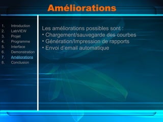 Améliorations
1. Introduction
2. LabVIEW
3. Projet
4. Programme
5. Interface
6. Demonstration
7. Améliorations
8. Conclusion
Les améliorations possibles sont :
• Chargement/sauvegarde des courbes
• Génération/Impression de rapports
• Envoi d’email automatique
 