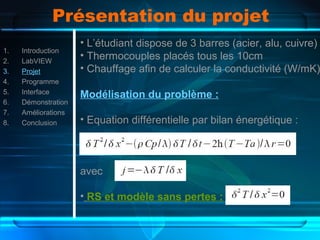 Présentation du projet
1. Introduction
2. LabVIEW
3. Projet
4. Programme
5. Interface
6. Démonstration
7. Améliorations
8. Conclusion
• L’étudiant dispose de 3 barres (acier, alu, cuivre)
• Thermocouples placés tous les 10cm
• Chauffage afin de calculer la conductivité (W/mK)
Modélisation du problème :
• Equation différentielle par bilan énergétique :
avec
• RS et modèle sans pertes :
 