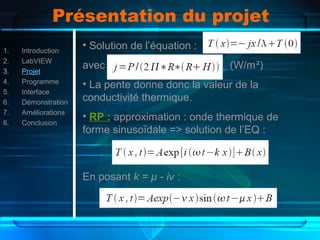 Présentation du projet
1. Introduction
2. LabVIEW
3. Projet
4. Programme
5. Interface
6. Démonstration
7. Améliorations
8. Conclusion
• Solution de l’équation :
avec (W/m²)
• La pente donne donc la valeur de la
conductivité thermique.
• RP : approximation : onde thermique de
forme sinusoïdale => solution de l’EQ :
En posant k = μ - iν :
 