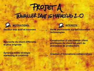 MOTIVATIONS: Secteur très actif et innovant Approche du client différente et plus originale Synergie entre stratégie marketing et créativité INTERETS: Veille permanente sur les nouvelles technologies Construction d’une relation client privilégiée (le client fait parti du processus de production) Création d’innovations collaboratives 