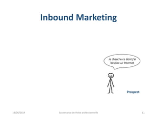 Inbound Marketing
Prospect
Je cherche ce dont j’ai
besoin sur Internet
18/06/2014 Soutenance de thèse professionnelle 11
 