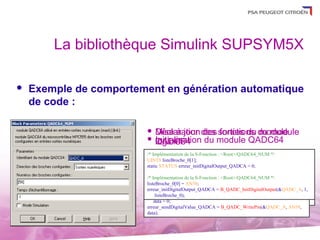 La bibliothèque Simulink SUPSYM5X

   Exemple de comportement en génération automatique
    de code :

                            Mise à jour des fonctions module
                             Déclaration des sorties du du module
                            Initialisation du module QADC64
                             QADC64
                             logiciel
                         /* Implémentation de(s) S-Fonction : <Root>/QADC64_NUM */
                                             de la S-Fonction(s) de la librairie SUPSYM5X_QADC64 */
                         UINT8 listeBroche_0[1];
                         static UINT8 data = 0;
                         #include "h_QADC.h"
                         static STATUS erreur_initDigitalOutput_QADCA = 0;
                         /* Implémentation de(s) S-Fonction : <Root>/QADC64_NUM */ la librairie
                                             de la S-Fonction(s) du type QADC64_NUM de
                         /* Mécanisme de seuillage */
                         SUPSYM5X_QADC64 S-Fonction : <Root>/QADC64_NUM */
                            Implémentation de la */
                         listeBroche_0[0] = AN58;
                         if(test_Input.Input_1 > 0)
                         extern STATUS B_QADC_InitDigitalInput(PTRModule, UINT8, PTRUINT8);
                         erreur_initDigitalOutput_QADCA = B_QADC_InitDigitalOutput(&QADC_A, 1,
                         extern STATUS B_QADC_InitDigitalOutput(PTRModule, UINT8, PTRUINT8);
                             data = 1;
                         elselisteBroche_0);
                         extern STATUS B_QADC_WritePin(PTRModule, UINT8, UINT8);
                         extern UINT8 B_QADC_ReadPin(PTRModule, UINT8);
                             data = 0;
                         erreur_sendDigitalValue_QADCA = B_QADC_WritePin(&QADC_A, AN58,
                         data);
 