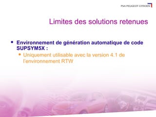 Limites des solutions retenues

   Environnement de génération automatique de code
    SUPSYM5X :
      Uniquement utilisable avec la version 4.1 de

       l’environnement RTW
 