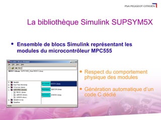 La bibliothèque Simulink SUPSYM5X

   Ensemble de blocs Simulink représentant les
    modules du microcontrôleur MPC555


                              Respect du comportement
                               physique des modules

                              Génération automatique d’un
                               code C dédié
 