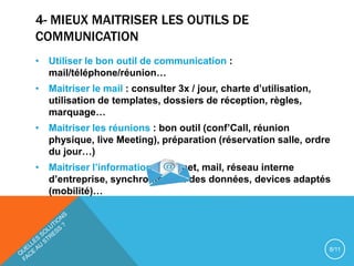 4- MIEUX MAITRISER LES OUTILS DE
COMMUNICATION
• Utiliser le bon outil de communication :
mail/téléphone/réunion…
• Maitriser le mail : consulter 3x / jour, charte d’utilisation,
utilisation de templates, dossiers de réception, règles,
marquage…
• Maitriser les réunions : bon outil (conf’Call, réunion
physique, live Meeting), préparation (réservation salle, ordre
du jour…)
• Maitriser l’information : intranet, mail, réseau interne
d’entreprise, synchronisation des données, devices adaptés
(mobilité)…
8/11
 