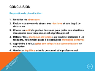 CONCLUSION
Proposition de plan d’action :
1. Identifier les stresseurs
2. Evaluer son niveau de stress, ses réactions et son degré de
résistance
3. Choisir un outil de gestion du stress pour palier aux situations
stressantes au niveau personnel et professionnel
4. Détecter les « mangeurs de temps » au travail et chercher à les
résoudre, notamment grâce à de nouvelles méthodes de travail
5. Apprendre à mieux gérer son temps et sa communication en
entreprise
6. Garder un équilibre entre le personnel et le professionnel
11/11
 