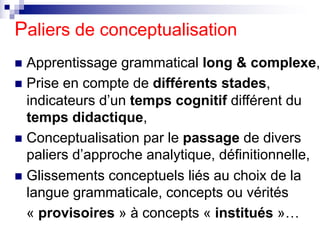 Paliers de conceptualisation
n Apprentissage grammatical long & complexe,
n Prise en compte de différents stades,
indicate...