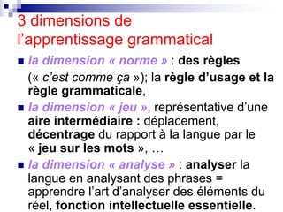 3 dimensions de
l’apprentissage grammatical
n la dimension « norme » : des règles
(« c’est comme ça »); la règle d’usage e...