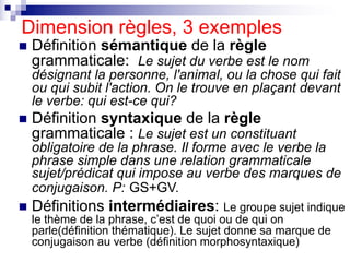 Dimension règles, 3 exemples
n Définition sémantique de la règle
grammaticale: Le sujet du verbe est le nom
désignant la p...
