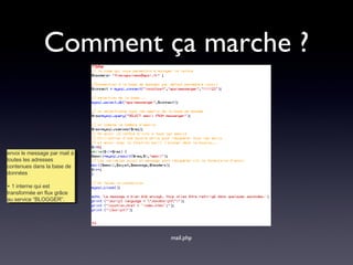 Comment ça marche ? mail.php envoi le message par mail à toutes les adresses contenues dans la base de données + 1 interne qui est transformée en flux grâce au service “BLOGGER”. 