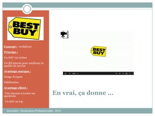 Concept : twelpforce
Principe :
Un SAV via twitter
Un RS interne pour améliorer la
qualité du service
Avantage marque :
Image d’expert
Fidélisation
Avantage client :
-Une réponse à toutes ses
questions
-Un SAV au top
GonnetDo - Soutenance Professionnelle - 2012
En vrai, ça donne …
 