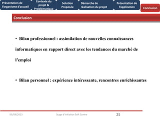 Conclusion
2503/09/2013 Stage d'initiation Soft Centre
Conclusion
Présentation de
l’organisme d’accueil
Contexte du
projet &
Problématique
Solution
Proposée
Démarche de
réalisation du projet
Présentation de
l’application
• Bilan professionnel : assimilation de nouvelles connaissances
informatiques en rapport direct avec les tendances du marché de
l’emploi
• Bilan personnel : expérience intéressante, rencontres enrichissantes
 