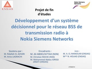 27/06/2014
Développement d’un système
décisionnel pour le réseau BSS de
transmission radio à
Nokia Siemens Networks
Soutenu par :
M. Ridallah EL AZHARI
M. Aniss LAGRACHI
Projet de fin
d’études
Encadrants :
M. Ali ABDELFATTAH (NSN)
M. Christian ROCHE (NSN)
M. Mohammed Abdou IDRISSI
JANATI (ENSIAS)
Jury :
M. A. EL MANOUAR (ENSIAS)
Mme N. HOUAD (ENSIAS)
 