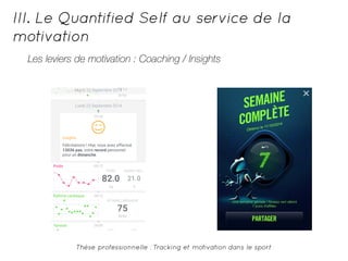 III. Le Quantified Self au service de la 
motivation 
Les leviers de motivation : Coaching / Insights 
Thèse professionnelle : Tracking et motivation dans le sport 
 