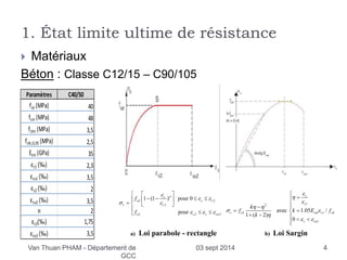 1. État limite ultime de résistance 
 Matériaux 
Béton : Classe C12/15 – C90/105 
   
       
 2 
  2 
 
 
   
2 2 
1 (1 ) pour 0 
pour 
c n 
cd c c 
c c 
cd c c cu 
f 
f 
 
  
  
   
2 1 
avec 1.05 / 
1 
1 
1 ( 2) 
0 
c 
c 
c cd cm c cd 
c cu 
k 
f k E f 
k 
 
 
 
  
  
 
  
 
  
  
   
     
 
 
a) Loi parabole - rectangle b) Lo i Sargin 
Paramètres C40/50 
fck (MPa) 40 
fcm (MPa) 48 
fctm (MPa) 3,5 
fctk,0,05 (MPa) 2,5 
Ecm (GPa) 35 
εc1 (‰) 2,3 
εcu1 (‰) 3,5 
εc2 (‰) 2 
εcu2 (‰) 3,5 
n 2 
εc3(‰) 1,75 
εcu3 (‰) 3,5 
Van Thuan PHAM - Département de 
GCC 
03 sept 2014 4 
 