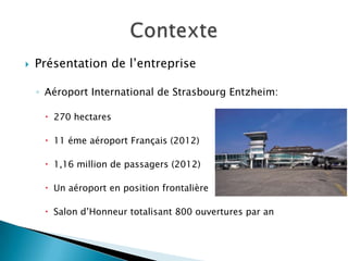 

Présentation de l’entreprise
◦ Aéroport International de Strasbourg Entzheim:
 270 hectares
 11 éme aéroport Français (2012)
 1,16 million de passagers (2012)
 Un aéroport en position frontalière
 Salon d’Honneur totalisant 800 ouvertures par an

 