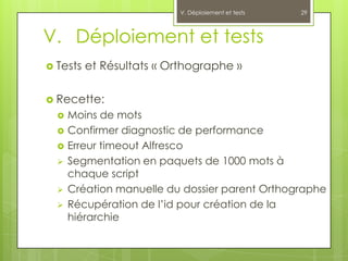 V. Déploiement et tests   29



V. Déploiement et tests
 Tests   et Résultats « Orthographe »

 Recette:
     Moins de mots
     Confirmer diagnostic de performance
     Erreur timeout Alfresco
     Segmentation en paquets de 1000 mots à
      chaque script
     Création manuelle du dossier parent Orthographe
     Récupération de l’id pour création de la
      hiérarchie
 