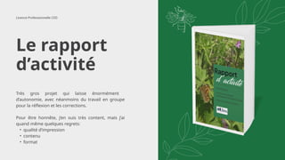 Le rapport
d’activité
Très gros projet qui laisse énormément
d’autonomie, avec néanmoins du travail en groupe
pour la réflexion et les corrections.
Pour être honnête, j’en suis très content, mais j’ai
quand même quelques regrets:
• qualité d’impression
• contenu
• format
Licence Professionnelle CED
 