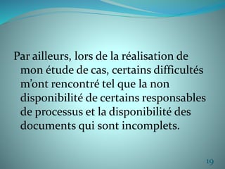 Par ailleurs, lors de la réalisation de 
mon étude de cas, certains difficultés 
m’ont rencontré tel que la non 
disponibilité de certains responsables 
de processus et la disponibilité des 
documents qui sont incomplets. 
19 
 