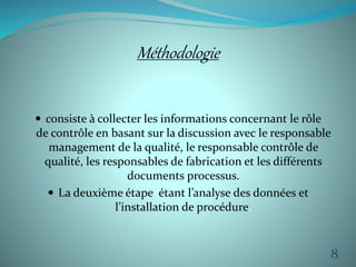 Méthodologie 
 consiste à collecter les informations concernant le rôle 
de contrôle en basant sur la discussion avec le responsable 
management de la qualité, le responsable contrôle de 
qualité, les responsables de fabrication et les différents 
documents processus. 
 La deuxième étape étant l’analyse des données et 
l’installation de procédure. 
8 
 