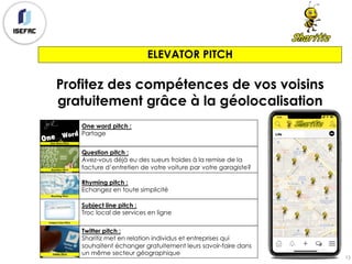 One word pitch :
Partage
ELEVATOR PITCH
Profitez des compétences de vos voisins
gratuitement grâce à la géolocalisation
Question pitch :
Avez-vous déjà eu des sueurs froides à la remise de la
facture d’entretien de votre voiture par votre garagiste?
Rhyming pitch :
Echangez en toute simplicité
Subject line pitch :
Troc local de services en ligne
Twitter pitch :
Sharitiz met en relation individus et entreprises qui
souhaitent échanger gratuitement leurs savoir-faire dans
un même secteur géographique
13
 