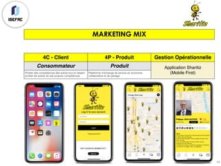 MARKETING MIX
44
4C - Client 4P - Produit Gestion Opérationnelle
Consommateur Produit Application Sharitiz
(Mobile First)Profiter des compétences des autres tout en faisant
profiter les autres de ses propres compétences
Plateforme d’échange de service en économie
collaborative et de partage.
 