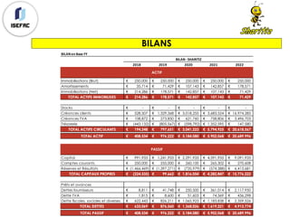 BILANS
BILAN en Base FY
2018 2019 2020 2021 2022
Immobilisations (Brut) 250,000€ 250,000€ 250,000€ 250,000€ 250,000€
Amortissements 35,714€ 71,429€ 107,143€ 142,857€ 178,571€
Immobilisations (Net) 214,286€ 178,571€ 142,857€ 107,143€ 71,429€
TOTAL ACTIFS IMMOBILISES 214,286€ 178,571€ 142,857€ 107,143€ 71,429€
Stocks -€ -€ -€ -€ -€
Créances clients 528,507€ 1,329,368€ 3,018,255€ 3,683,524€ 16,974,285€
Créances TVA 108,872€ 273,850€ 621,760€ 758,806€ 3,496,703€
Trésorerie (443,132)€ (805,567)€ (598,792)€ 1,352,595€ 147,580€
TOTAL ACTIFS CIRCULANTS 194,248€ 797,651€ 3,041,223€ 5,794,925€ 20,618,567€
TOTAL ACTIF 408,534€ 976,222€ 3,184,080€ 5,902,068€ 20,689,996€
Capital 991,933€ 1,241,933€ 2,291,933€ 4,591,933€ 9,091,933€
Comptes courants 250,000€ 255,000€ 260,100€ 265,302€ 270,608€
Réserves et Résultats (1,466,469)€ (1,397,271)€ (735,979)€ (574,388)€ 6,413,681€
TOTAL CAPITAUX PROPRES (224,535)€ 99,662€ 1,816,054€ 4,282,847€ 15,776,222€
Prêts et avances
Dettes fournisseurs 8,811€ 41,748€ 250,500€ 361,014€ 2,117,950€
Dette TVA 1,815€ 8,600€ 51,603€ 74,369€ 436,298€
Dette fiscales, sociales et diverses 622,443€ 826,211€ 1,065,923€ 1,183,838€ 2,359,526€
TOTAL DETTES 633,069€ 876,560€ 1,368,026€ 1,619,221€ 4,913,774€
TOTAL PASSIF 408,534€ 976,222€ 3,184,080€ 5,902,068€ 20,689,996€
BILAN -SHARITIZ
ACTIF
PASSIF
 