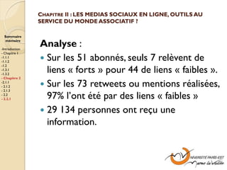 CHAPITRE II : LES MEDIAS SOCIAUX EN LIGNE, OUTILS AU
                SERVICE DU MONDE ASSOCIATIF ?

  Sommaire
  mémoire

-Introduction
                Analyse :
- Chapitre 1
-1.1.1
-1.1.2
                 Sur les 51 abonnés, seuls 7 relèvent de
                  liens « forts » pour 44 de liens « faibles ».
-1.2
-1.3.1
-1.3.2
- Chapitre 2
-2.1.1
- 2.1.2          Sur les 73 retweets ou mentions réalisées,
- 2.1.3
- 2.2
- 2.2.1           97% l’ont été par des liens « faibles »
                 29 134 personnes ont reçu une
                  information.
 