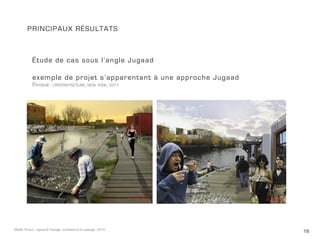 18Maëlle Thueux - Jugaad & Paysage - architecture du paysage - 2015
PRINCIPAUX Résultats
Étude de cas sous l’angle Jugaad
exemple de projet s’apparentant à une approche Jugaad
Paysage - oyester-tecture, new york, 2011
 
