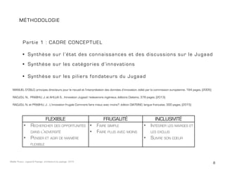 8Maëlle Thueux - Jugaad & Paysage - architecture du paysage - 2015
méthodologie
Partie 1 : Cadre conceptuel
•	 Synthèse sur l’état des connaissances et des discussions sur le Jugaad
•	 Synthèse sur les catégories d’innovations
•	 Synthèse sur les piliers fondateurs du Jugaad
MANUEL D’OSLO, principes directeurs pour le recueil et l’interprétation des données d’innovation, édité par la commission européenne, 184 pages, (2005)
RADJOU, N., PRABHU, J. et AHUJA S. , Innovation Jugaad: redevenons ingénieux, éditions Diateino, 378 pages, (2013)
RADJOU, N. et PRABHU, J. , L’innovation frugale Comment faire mieux avec moins?, édition DIATEINO, langue française, 300 pages, (2015)
Flexible Frugalité Inclusivité
•	 Rechercher des opportunités
dans l’adversité
•	 Penser et agir de manière
flexible
•	 Faire simple
•	 Faire plus avec moins
•	 Intégrer les marges et
les exclus
•	 Suivre son coeur
 