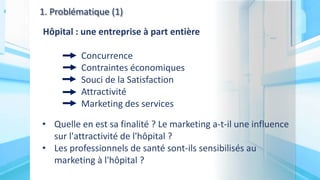 1. Problématique (1)
Hôpital : une entreprise à part entière
Concurrence
Contraintes économiques
Souci de la Satisfaction
Attractivité
Marketing des services
• Quelle en est sa finalité ? Le marketing a-t-il une influence
sur l'attractivité de l'hôpital ?
• Les professionnels de santé sont-ils sensibilisés au
marketing à l'hôpital ?
 