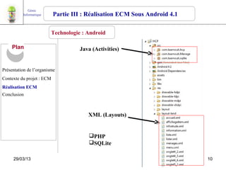 Génie
          Informatique     Partie III : Réalisation ECM Sous Android 4.1

                         Technologie : Android

     Plan                           Java (Activities)


Présentation de l’organisme
Contexte du projet : ECM
Réalisation ECM
Conclusion



                                       XML (Layouts)


                                        PHP
                                        SQLite

     29/03/13                                                              10
 