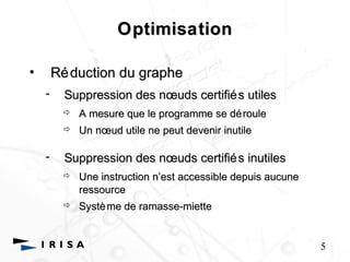 Optimisation 
• Réduction du graphe 
- Suppression des noeoeuds certifiés utiles 
 A mesure que le programme se déroule 
 Un noeoeud utile ne peut devenir inutile 
- Suppression des noeoeuds certifiés inutiles 
 Une instruction n’’est accessible depuis aucune 
ressource 
 Système de ramasse-miette 
5 
 