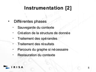Instrumentation [2] 
• Différentes phases 
- Sauvegarde du contexte 
- Création de la structure de donnée 
- Traitement des opérandes 
- Traitement des résultats 
- Parcours du graphe si nécessaire 
- Restauration du contexte 
8 
 
