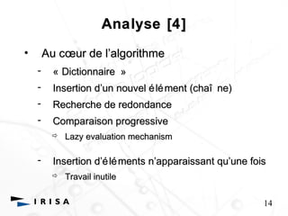 Analyse [4] 
• Au coeoeur de l’’algorithme 
- « Dictionnaire » 
- Insertion d’’un nouvel élément (chaî ne) 
- Recherche de redondance 
- Comparaison progressive 
 Lazy evaluation mechanism 
- Insertion d’’éléments n’’apparaissant qu’’une fois 
 Travail inutile 
14 
 