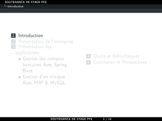 SOUTENANCE DE STAGE PFE
Introduction
1 Introduction
2 Présentation de l'entreprise
3 Présentation des
applications
Gestion des comptes
bancaires Avec Spring
Boot
Gestion d'un clinique
Avec PHP  MySQL
4 Outils et Bibliothèques
5 Conclusion et Perspectives
SOUTENANCE DE STAGE PFE 3 / 18
 