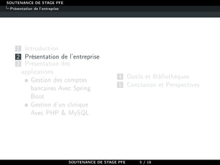 SOUTENANCE DE STAGE PFE
Présentation de l'entreprise
1 Introduction
2 Présentation de l'entreprise
3 Présentation des
applications
Gestion des comptes
bancaires Avec Spring
Boot
Gestion d'un clinique
Avec PHP  MySQL
4 Outils et Bibliothèques
5 Conclusion et Perspectives
SOUTENANCE DE STAGE PFE 5 / 18
 