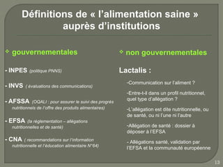 Définitions de « l’alimentation saine »
                  auprès d’institutions

   gouvernementales                                           non gouvernementales

- INPES      (politique PNNS)                               Lactalis :
                                                                -Communication sur l’aliment ?
- INVS     ( évaluations des communications)
                                                                -Entre-t-il dans un profil nutritionnel,
                                                                quel type d’allégation ?
- AFSSA        (OQALI : pour assurer le suivi des progrès
    nutritionnels de l’offre des produits alimentaires)         -L’allégation est dite nutritionnelle, ou
                                                                de santé, ou ni l’une ni l’autre
- EFSA       (la règlementation – allégations
    nutritionnelles et de santé)                                -Allégation de santé : dossier à
                                                                déposer à l’EFSA
- CNA       ( recommandations sur l’information
                                                                - Allégations santé, validation par
    nutritionnelle et l’éducation alimentaire N°64)
                                                                l’EFSA et la communauté européenne

                                                                                                            13
 